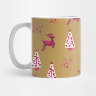 Pink reindeer and Christmas trees on gold Mug